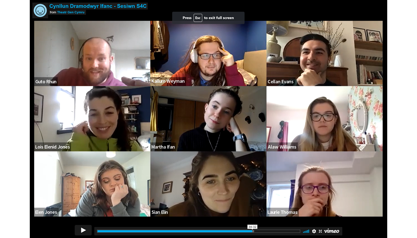 2.	Screenshot of a Zoom call with 9 individuals. Everyone has their camera on and all participants are young people. One man is wearing a headset and has mouth open mid-conversation.