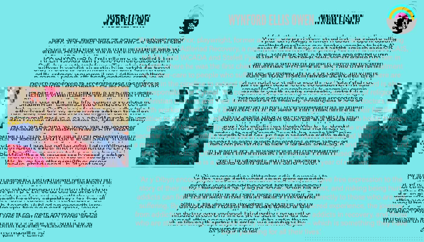 Graphic to introduce Wynford Elis Owen. Background is a light blue. On the left is an image of Wynford, an elder man who wears glasses. He is sitting on a sofa talking to and looking at a woman who has her back to the camera. On the right there is text detailing his biography and the Ar y Dibyn project logo