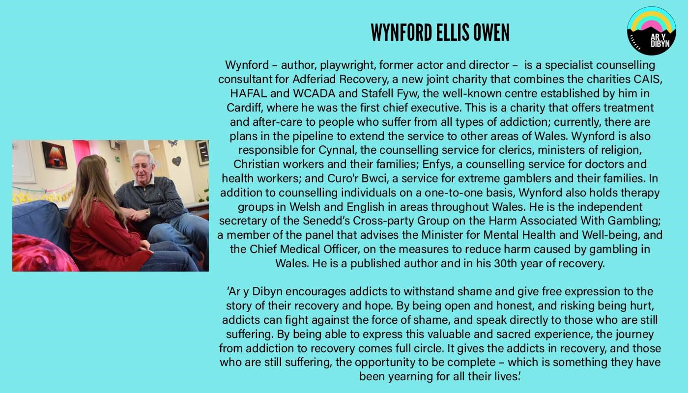 Graphic to introduce Wynford Elis Owen. Background is a light blue. On the left is an image of Wynford, an elder man who wears glasses. He is sitting on a sofa talking to and looking at a woman who has her back to the camera. On the right there is text detailing his biography and the Ar y Dibyn project logo