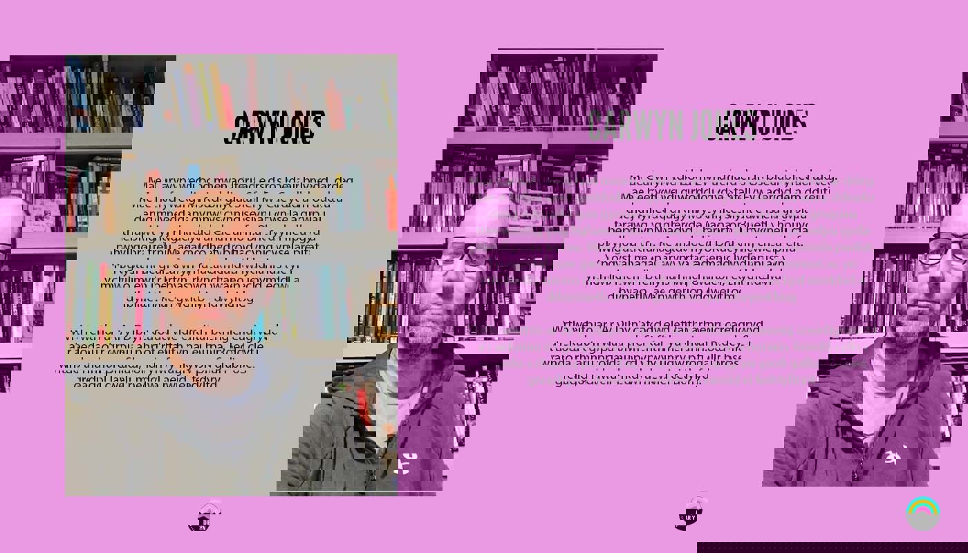 Graphic to introduce Carwyn Jones. Background is purple. On the left is an image of Carwyn, a middle-aged man. He is looking into the camera and is not smiling. On the right there is text detailing his biography and the Ar y Dibyn project logo