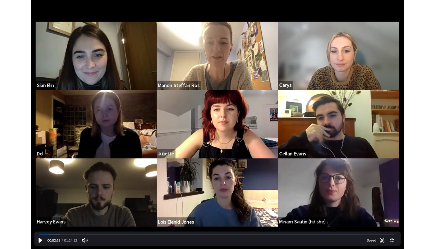 6.	Screenshot of a Zoom call with 9 individuals. Everyone has their camera on and all participants are young people apart from one woman older than the rest. She has her mouth open mid-conversation. 