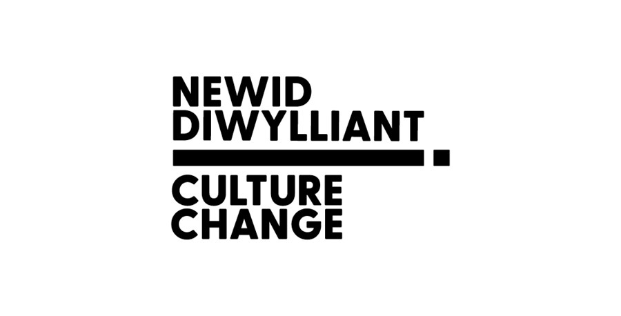 White background with bilingual text in black which reads in Welsh and English 'Culture Change'.