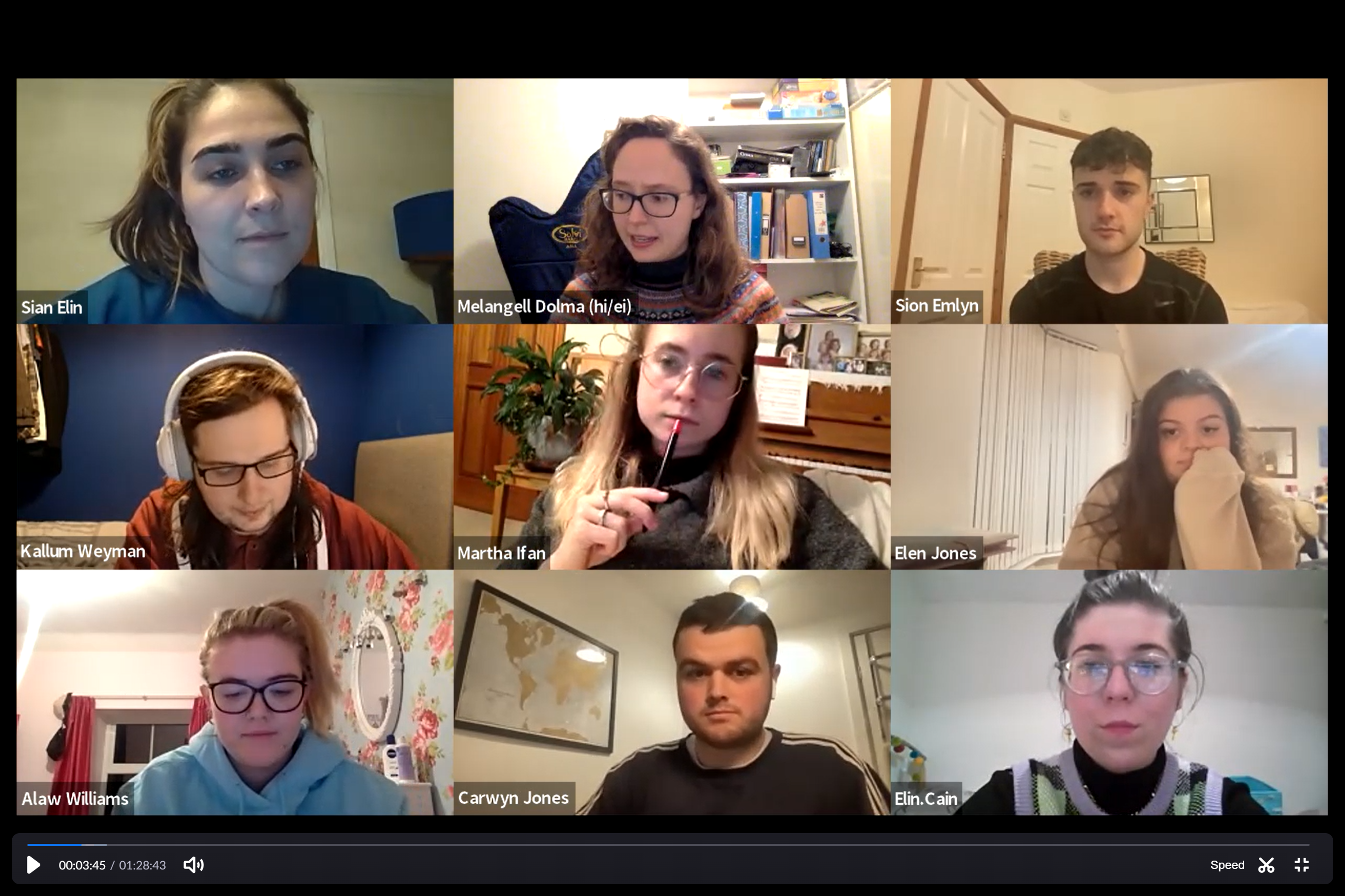 Screenshot of a Zoom call with 9 individuals. All cameras are on and the screen is split into three rows across and downwards with 9 rectangles containing each person's video feed
