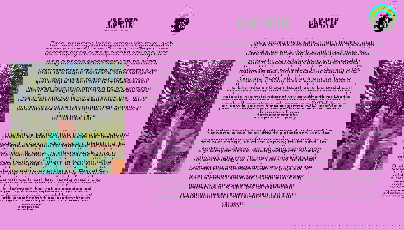 Graphic to introduce Clare Potter. Background is a light purple. On the left is an image of Clare who is half-smiling and looks off camera. On the right there is text detailing her biography and the Ar y Dibyn project logo