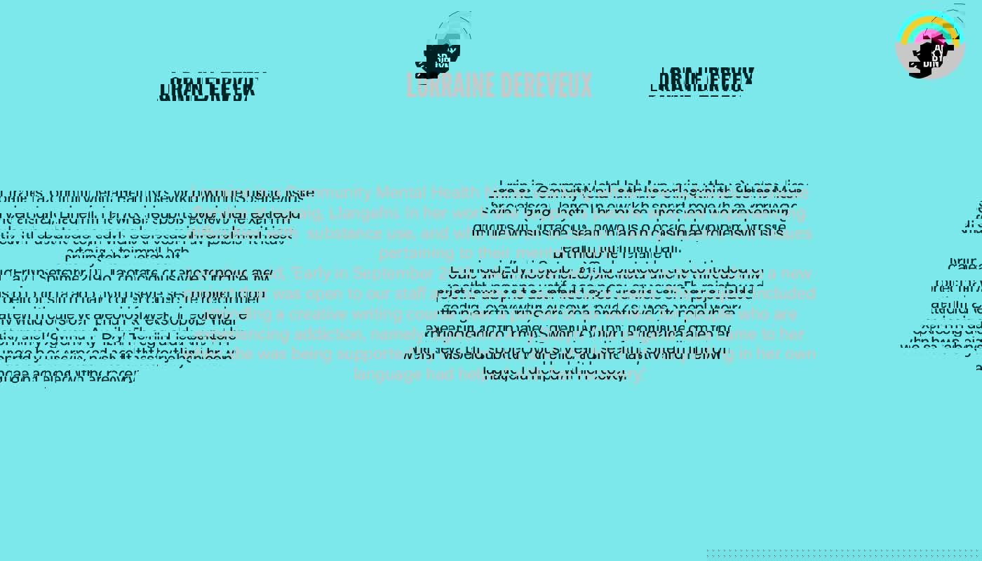 Graphic to introduce Lorraine Dereveux. Background is a light blue. There is black text on the image detailing Lorraine’s biography and the Ar y Dibyn logo is in the top right corner