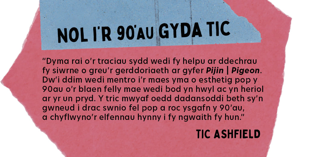 Image with graphic Welsh text that reads Here's a few tracks that have helped me in starting my journey of creating the music for Pijin | Pigeon. I've not ventured into this area of 90s pop aesthetic before so it's been fun and challenging at the same time. The trick has been to really identify what makes a track sound like gentle 90s pop and rock and bring those elements into my own work