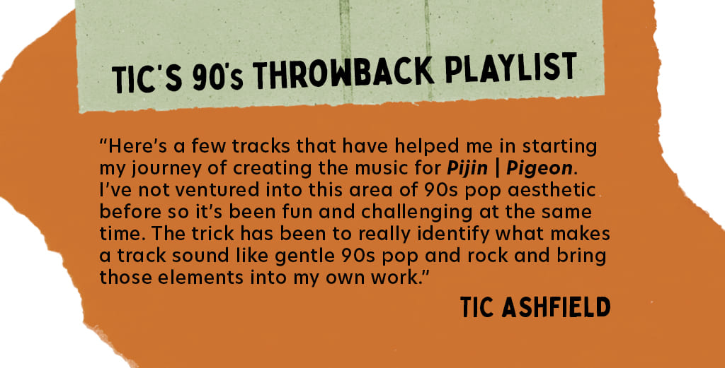 Image with graphic Welsh text that reads Here's a few tracks that have helped me in starting my journey of creating the music for Pijin | Pigeon. I've not ventured into this area of 90s pop aesthetic before so it's been fun and challenging at the same time. The trick has been to really identify what makes a track sound like gentle 90s pop and rock and bring those elements into my own work