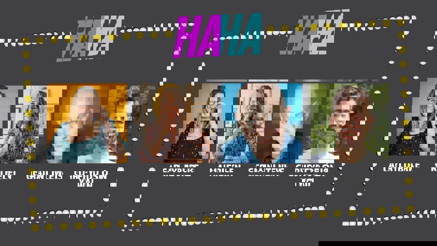 Graphic with Ha Ha playwrights. Left to right: Caryl Burke is a white woman with blonde hair. She wears a green top with white polka dots and black glasses. She is smiling. Mari Elen Jones is a white woman with brown hair with yellow highlights. She wears a paisley print shirt. She rests her chin on her hand and smiles at the camera. Geraint is a bald white man with blue eyes. He wears a blue shirt and looks into the camera. Gruffydd Ywain is a white male. He wears a white t-shirt, smiles with his teeth.