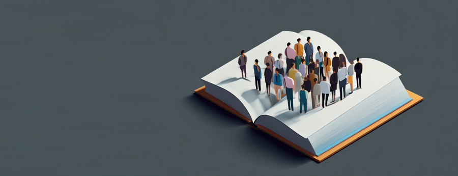 An image of an open book with a number of people standing on it