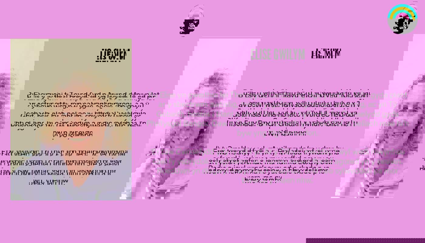 Graphic to introduce Elise Gwilym. Background is purple. On the left is an image of Elise, a middle aged woman and is smiling. On the right there is text detailing her biography and the Ar y Dibyn project logo