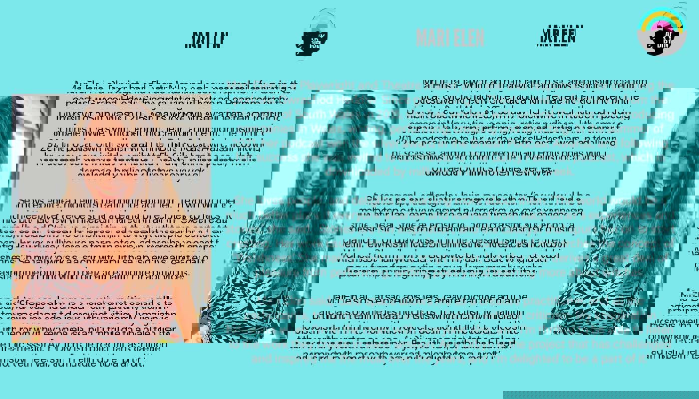 Graphic to introduce Mari Elen. Background is light blue. On the left there is an image of a smiling young woman. On the right there is text detailing her biography and the Ar y Dibyn project logo