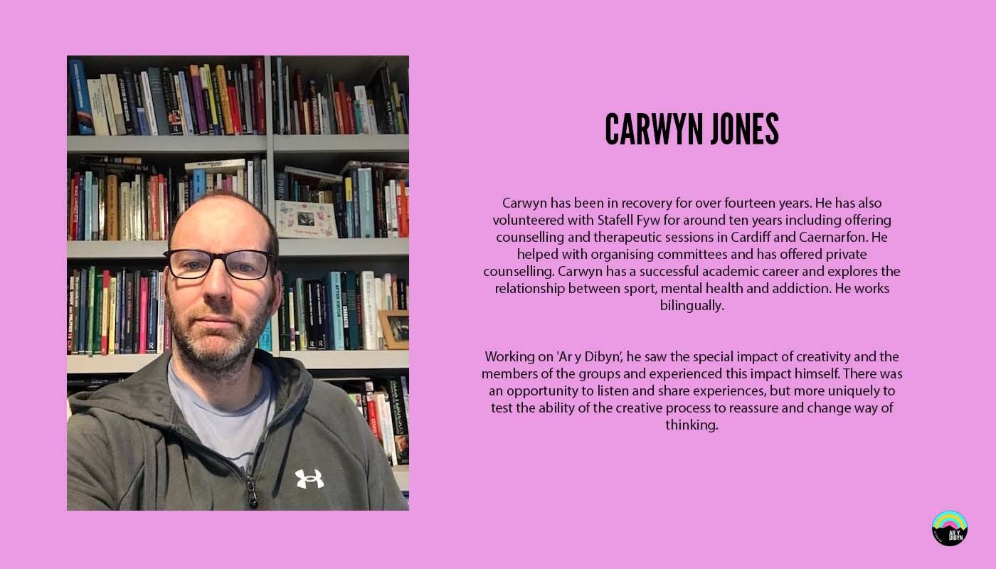 Graphic to introduce Carwyn Jones. Background is purple. On the left is an image of Carwyn, a middle-aged man. He is looking into the camera and is not smiling. On the right there is text detailing his biography and the Ar y Dibyn project logo