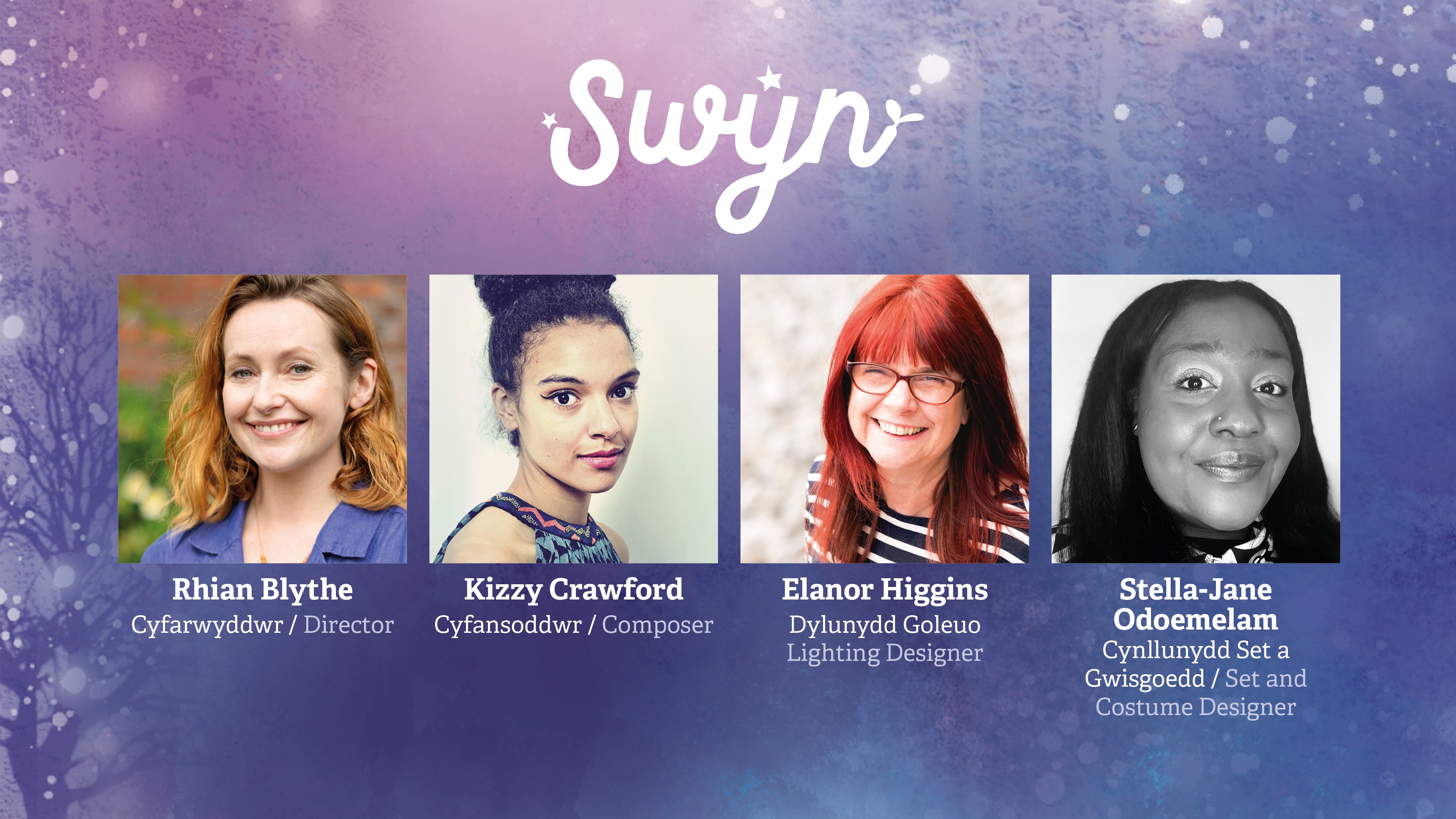 A graphic with headshots of the creative team. From left to right: Rhian Blythe, Director. Rhian is a white woman in her thirties with strawberry blonde hair. Kizzy Crawford, Composer. Kizzy is a black woman with afro hair, tied up into a bun at the top of her head. Elanor Higgins, Lighting Designer. Elanor is a white woman with bright red hair. She wears dark rimmed glasses. Stella Jane Odoemelam, Set and Costume Designer. Stella is a black woman with brown eyes and long, dark hair.