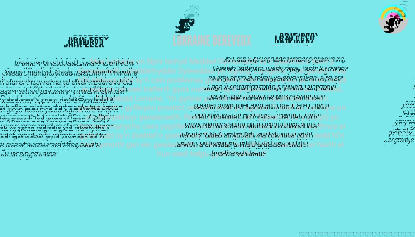 4.	Graphic to introduce Lorraine Dereveux. Background is a light blue. There is black text on the image detailing Lorraine’s biography and the Ar y Dibyn logo is in the top right corner