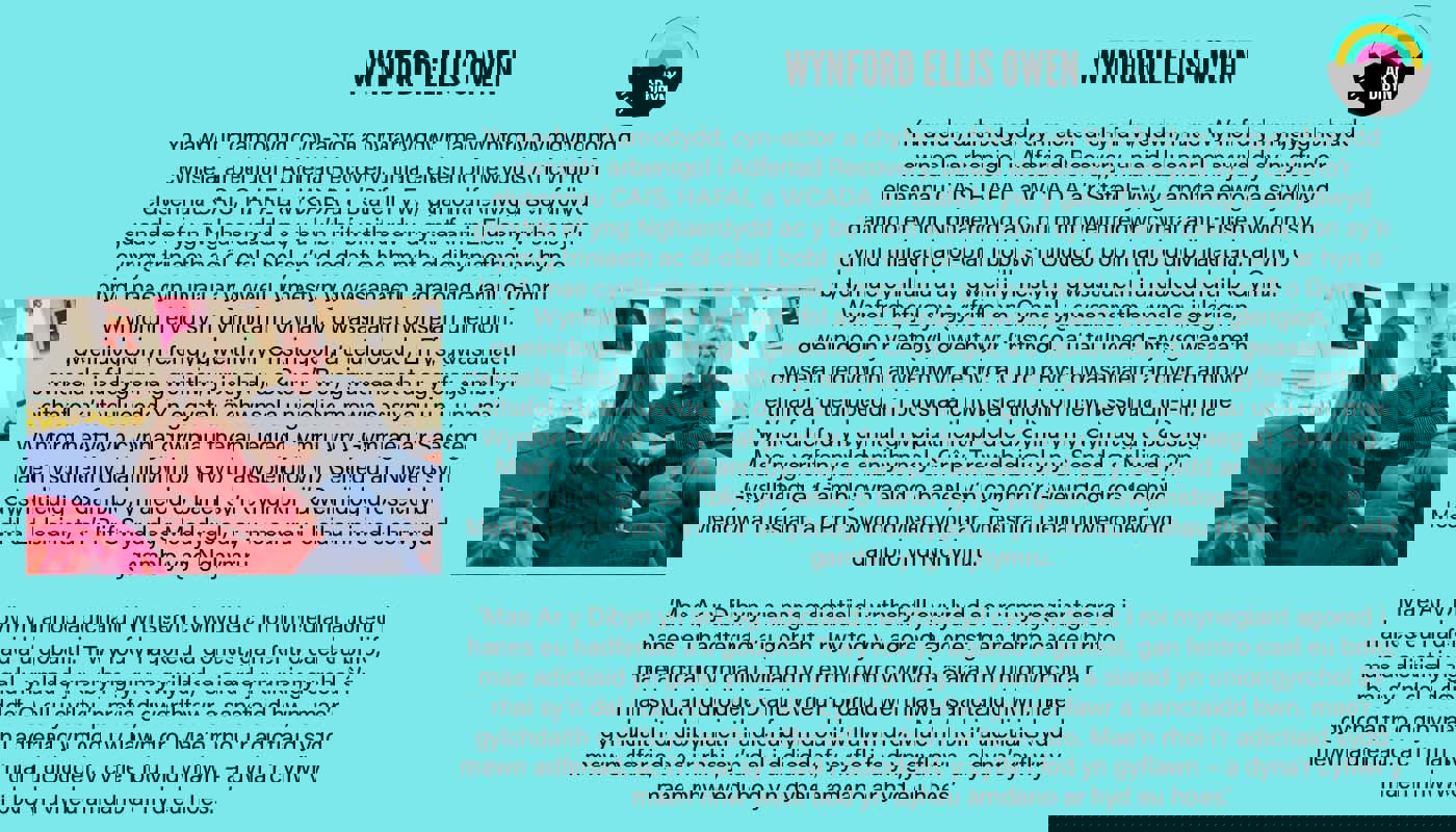Graphic to introduce Wynford Elis Owen. Background is a light blue. On the left is an image of Wynford, an elder man who wears glasses. He is sitting on a sofa talking to and looking at a woman who has her back to the camera. On the right there is text detailing his biography and the Ar y Dibyn project logo