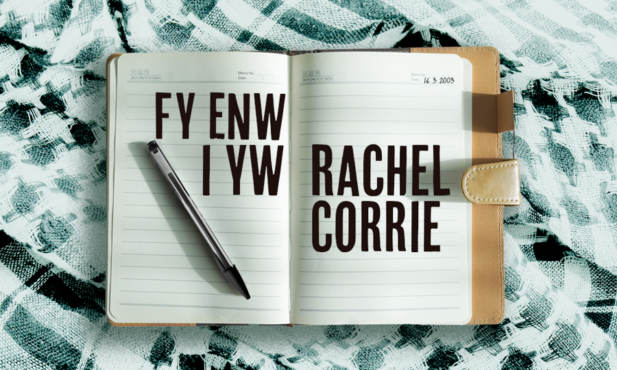 Fy Enw i yw Rachel Corrie - an open notebook and pen laid on a keffiyeh scarf