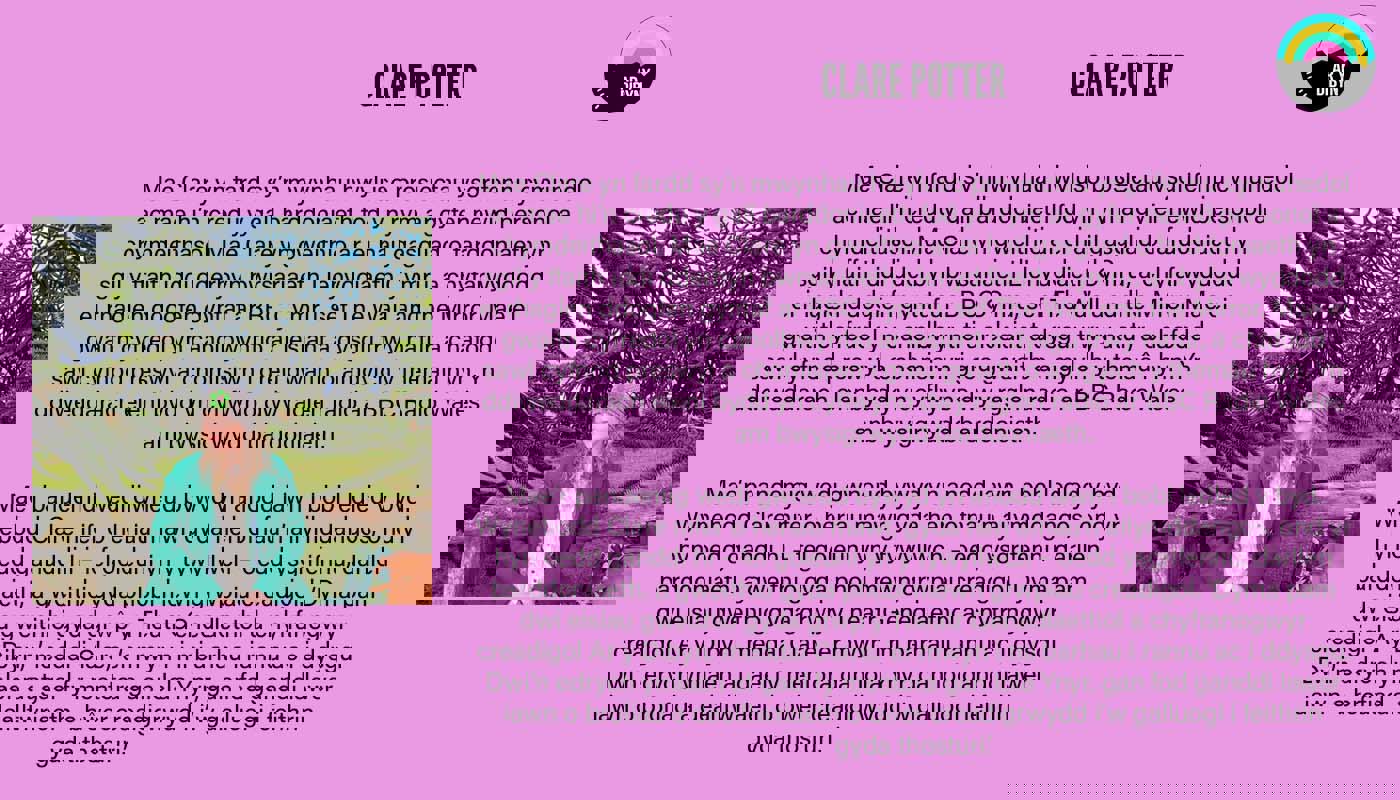 Graphic to introduce Clare Potter. Background is a light purple. On the left is an image of Clare who is half-smiling and looks off camera. On the right there is text detailing her biography and the Ar y Dibyn project logo