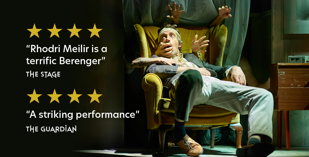 Review graphic. Production image of Rhodri Meilir, a white male actor, overlaid with text. 4 star emoticons are placed above text which reads 'Rhodri Meilir is a terrific Berenger', The Stage. Below this there is another 4 stars and text which reads 'A tricking performance', The guardian.