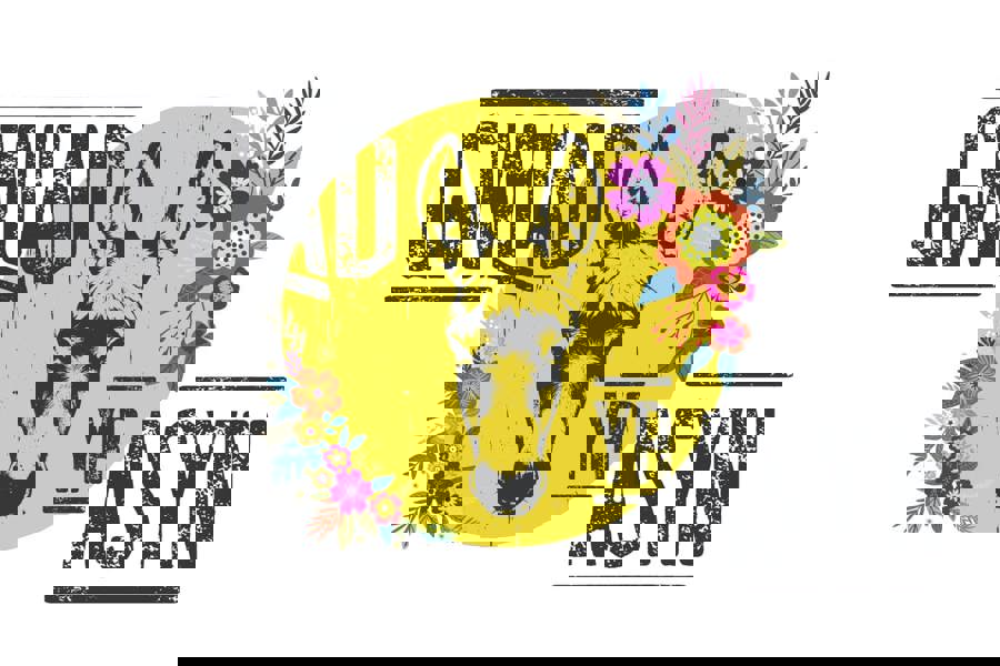 Illustration. Yellow circle in centre of the image with different coloured flowers and leaves around the edge. In the centre of the circle there is a true-to-life illustration of a donkey. Text on the image reads translated ‘Donkey Land’