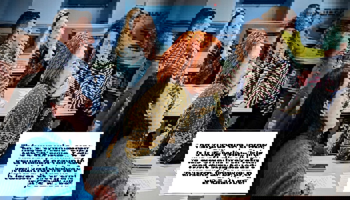 Groups of people sat around two tables. They are looking off camera. One woman is very much in focus, and she is smiling. There are pieces of paper, pens and coffee cups on the table in front of them. Text on image reads "Thank you very much as a company for the GREAT provision.... The day was so useful and I'm really looking forward to bringing these ideas to the classroom - with every year, not just GCSE and A Level