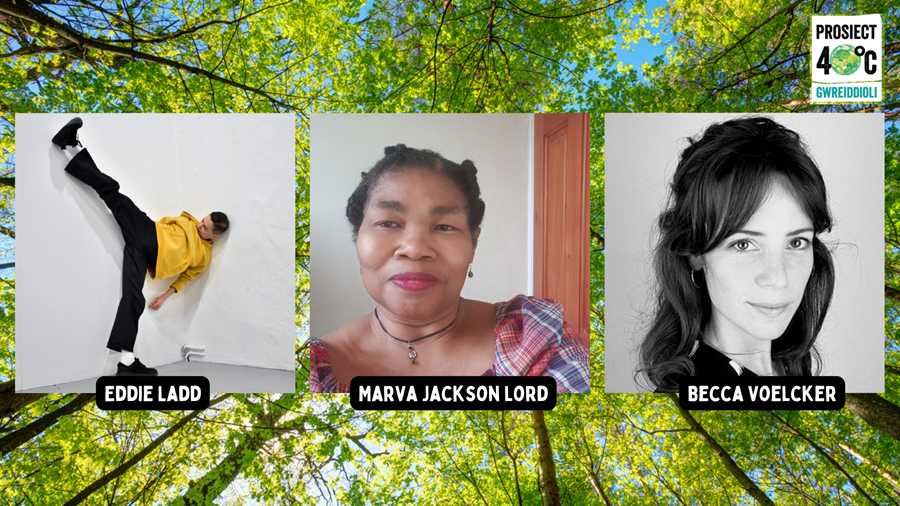An image of a background with forest trees pointing up towards the sky. There are three headshots in front of the background of the trees with three different headshots of artists including Eddie Ladd, Marva Jackson and Becca Voelcker.