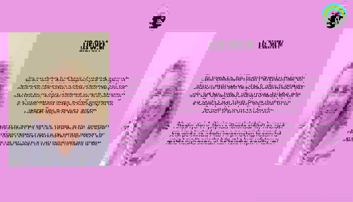 Graphic to introduce Elise Gwilym. Background is purple. On the left is an image of Elise, a middle aged woman and is smiling. On the right there is text detailing her biography and the Ar y Dibyn project logo