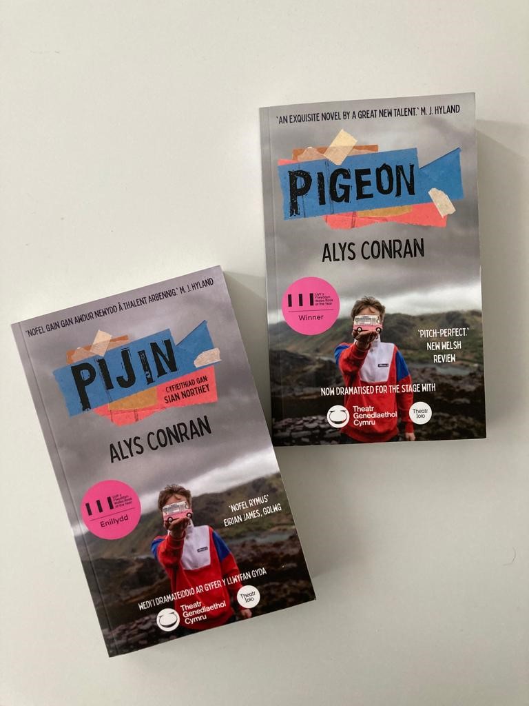 Image of both a Welsh and English language copy of Pigeon by Alys Conran