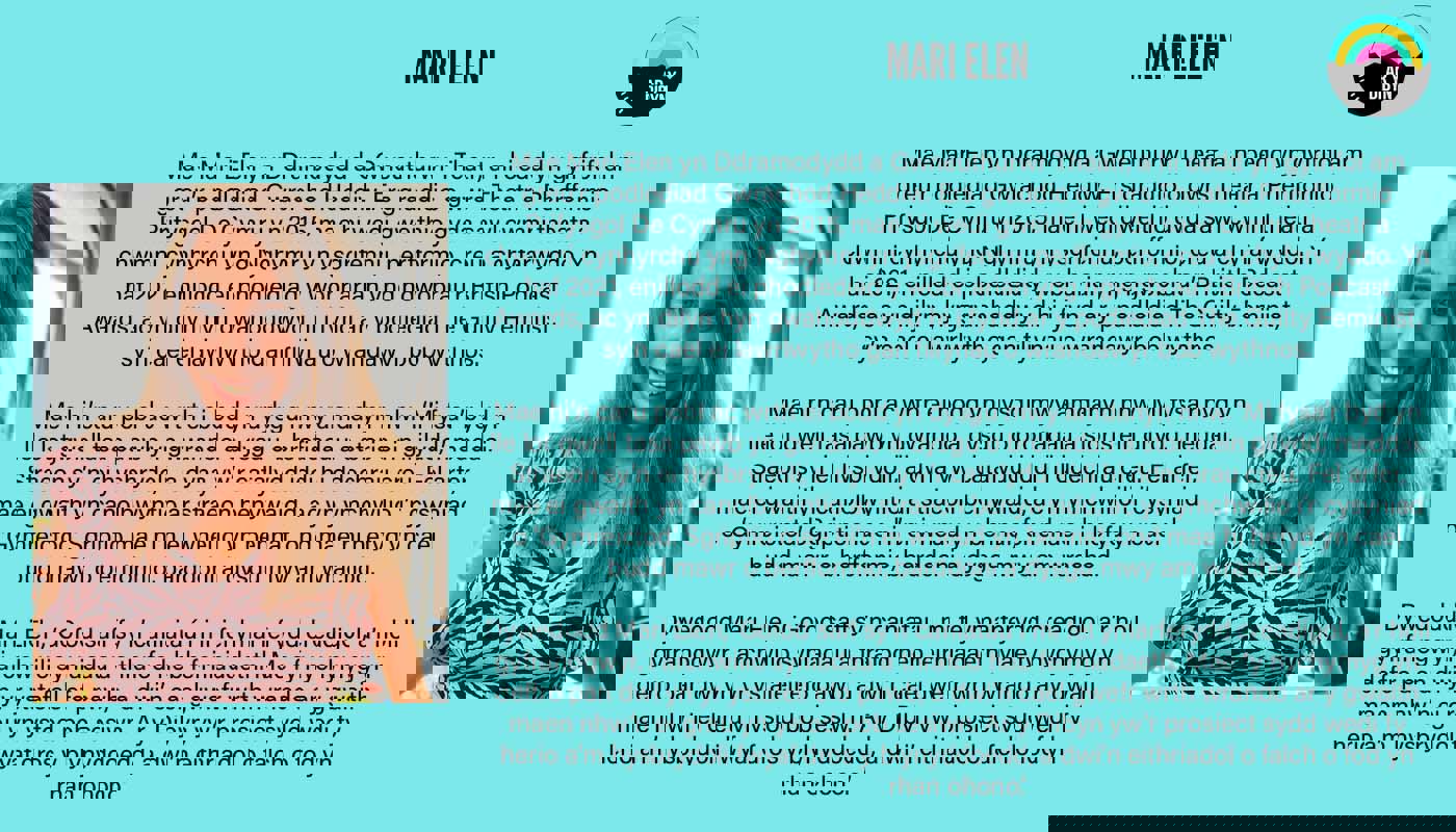 Graphic to introduce Mari Elen. Background is light blue. On the left there is an image of a smiling young woman. On the right there is text detailing her biography and the Ar y Dibyn project logo