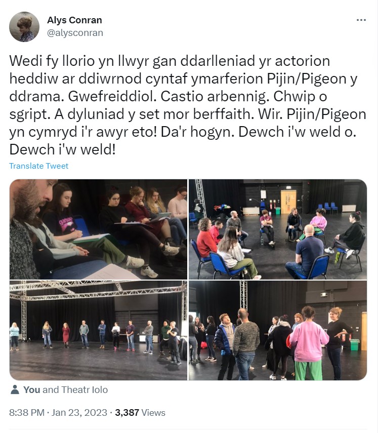 Screen grab of a Welsh tweet that reads Totally floored by the actors' reading today on the first day of rehearsals of Pijin / Pigeon the play. Outstanding. Exceptional casting. Total gem of a script. And set design is so spot on. Pijin/Pigeon taking to the skies again. Good lad! Come to see him. Do come to see.