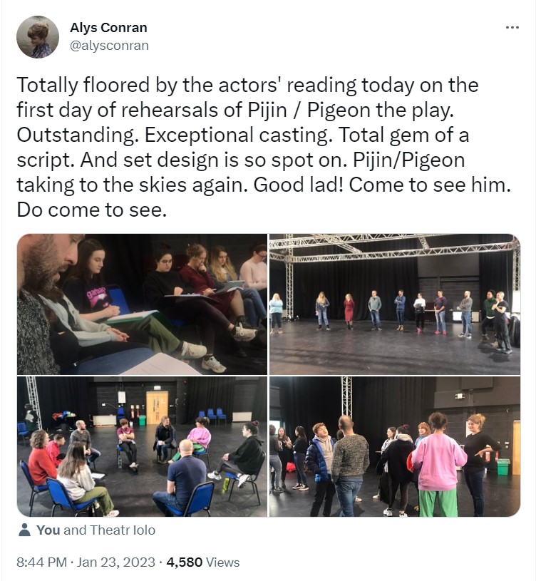 Screen grab of a tweet that reads Totally floored by the actors' reading today on the first day of rehearsals of Pijin / Pigeon the play. Outstanding. Exceptional casting. Total gem of a script. And set design is so spot on. Pijin/Pigeon taking to the skies again. Good lad! Come to see him. Do come to see.