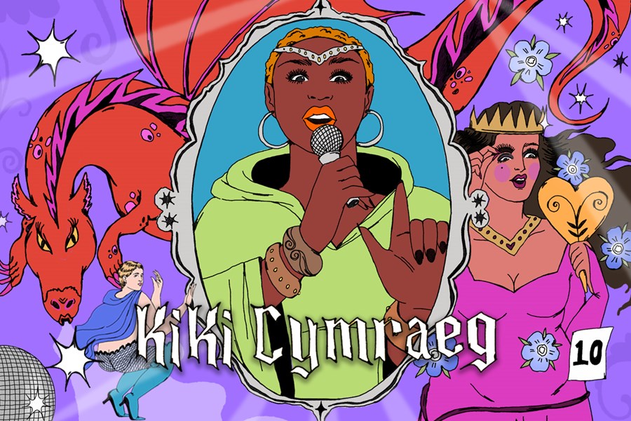 An illustration by artist Myths & Tits. The image has vibrant colours and combines mythical and medieval elements with modern touches. The central figure is a Black singer, wearing a hooded cloak and head-dress, holding a microphone. On one side, a medieval princess is putting on her false eyelashes in a heart-shaped mirror. On the other side, there is a red dragon and a performer in thigh-high boots doing a duck walk. Glitter balls, stars and flowers are scattered against the purple backdrop.